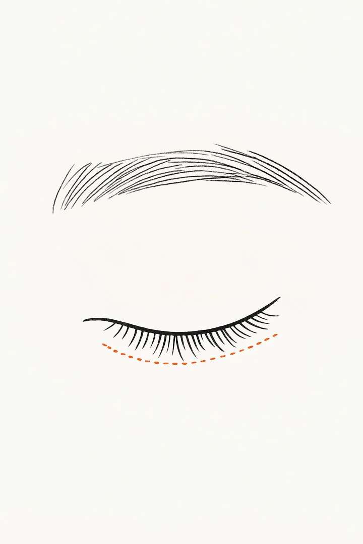 An incision is made along[b] the sagging skin beneath[b] the eyes.